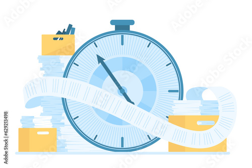 Pressure of paperwork and deadline vector illustration. Cartoon isolated big timer and long endless scroll of paper from office boxes with documents and tax forms, bureaucracy and time management photo