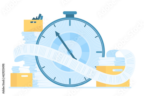 Pressure of paperwork and deadline vector illustration. Cartoon isolated big timer and long endless scroll of paper from office boxes with documents and tax forms, bureaucracy and time management