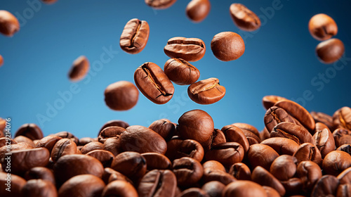 Coffee beans in the air, beautiful background, studio lighting.
