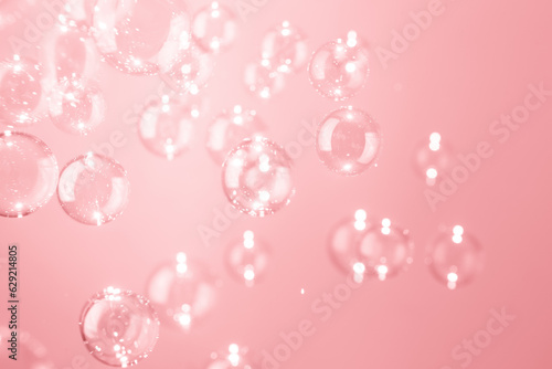 Beautiful Transparent Shiny Pink Soap Bubbles Floating in The Air. Abstract Background, Pink Textured, Celebration Festive Romance Backdrop, Refreshing of Soap Suds, Bubbles Water.