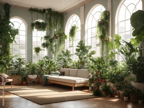 a room filled with lots of plants and windows