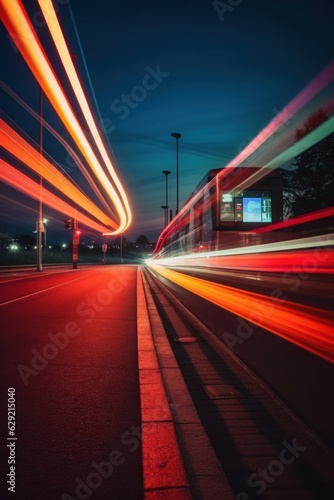 Car light trails on the road at night in Beijing, China.