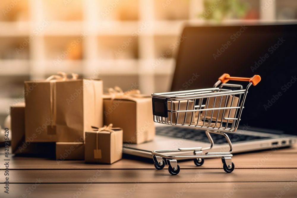 Tiny shopping cart, parcels and laptop computer with blurred background, delivery service, e-commerce, online shopping and marketplace concept.
