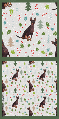 Seamless setter dogs pattern, winter Happy Christmas texture.Square format, t-shirt, poster, packaging, textile, socks, textile,fabric, decoration, wrapping paper.Trendy hand-drawn English toy terrier