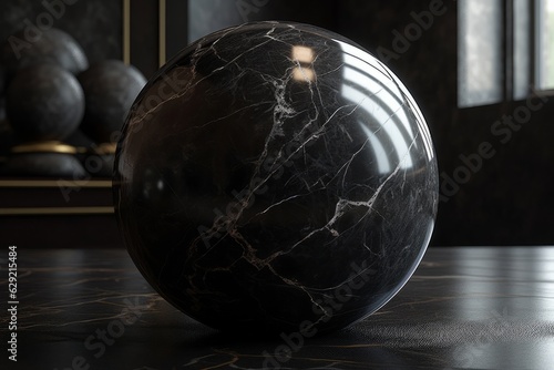 Black marble ball on black marble table. 3d render illustration.