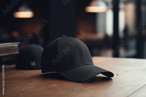 Baseball cap on a wooden table in a cafe or restaurant.