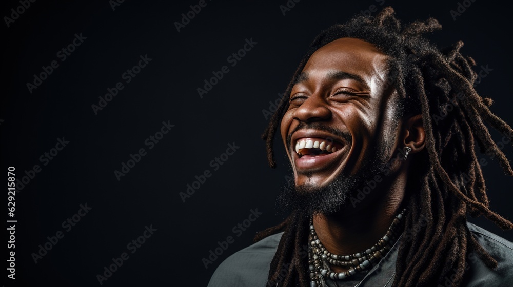 Smiling African American with dreadlocks on a dark background. Copyspace