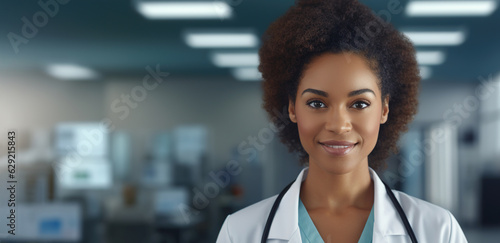 Portrait of a dark-skinned smiling female doctor against the backdrop of a hospital