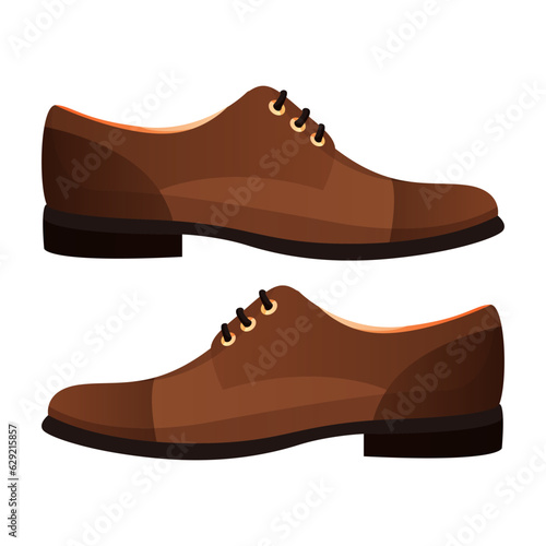 Groom brown classic leather shoes. Men's boots, fiance outfit. Dress code clothing. Wedding day accessories, decorations. Celebrate marriage, save the date ceremony. Vector