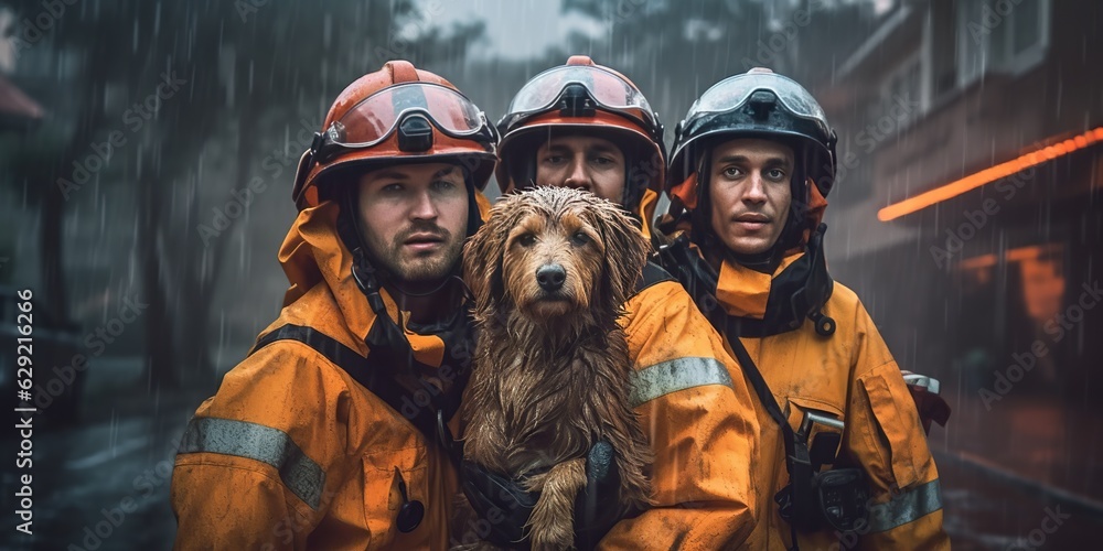 Team of happy firefighters holding dog and looking at camera Team of happy firefighters holding dog and looking at camera