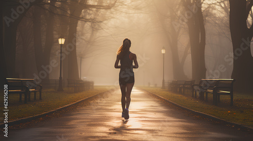 woman running in the autumn park at sunset.