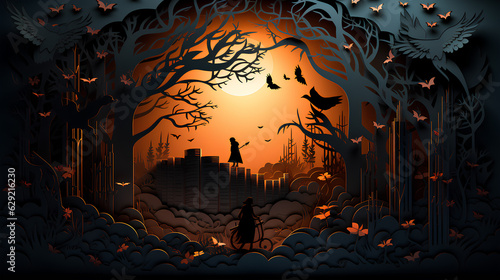 halloween background with castle, bats and trees