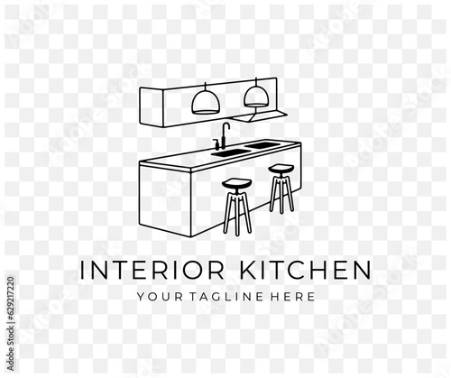 Interior of modern kitchen, living room, home and house, linear graphic design. Exterior, furniture, table, kitchen island, crockery, lamps and cabinets, vector design and illustration