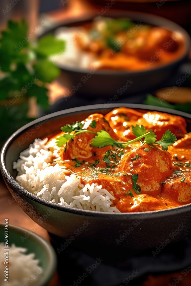 Chicken tikka masala with rice and vegetables. Indian cuisine.