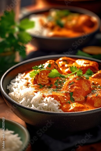 Chicken tikka masala with rice and vegetables. Indian cuisine.