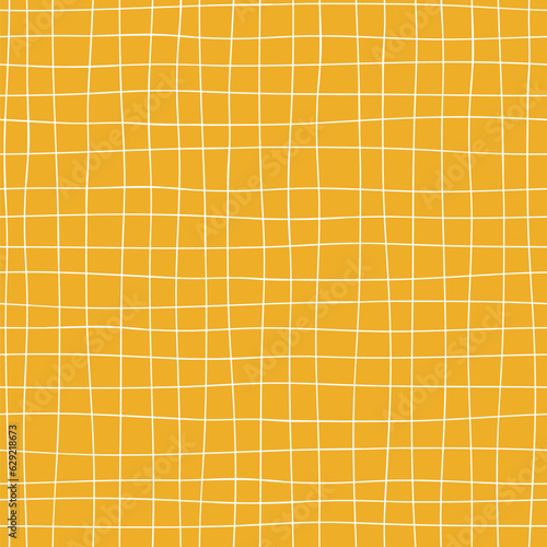 A thin white grid on an orange background. Vector hand drawn seamless pattern. A simple naive drawing. Digital paper.