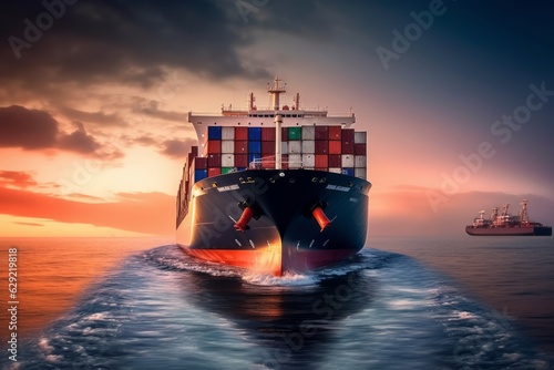 Container Cargo freight ship with working crane bridge at sunset sky background.