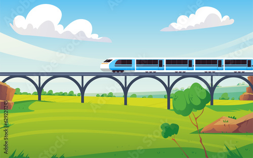 Train move on railway railroad bridge travel concept. Vector graphic design illustration