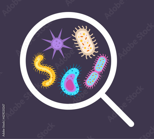Bacteria germ infection microorganism virus under magnify glass. Vector graphic design illustration