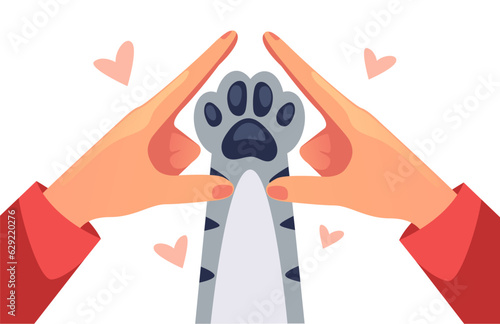 Animal cat dog paw in human hand adoption adopt concept. Vector graphic design illustration
