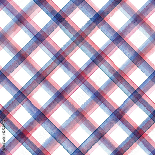 Watercolor gingham stripe plaid seamless pattern. Color blue and red stripes background.