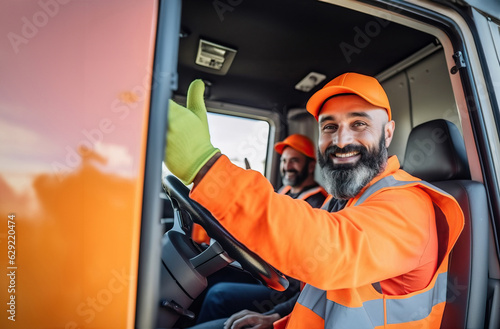 Leinwand Poster A man in an orange safety vest driving a truck