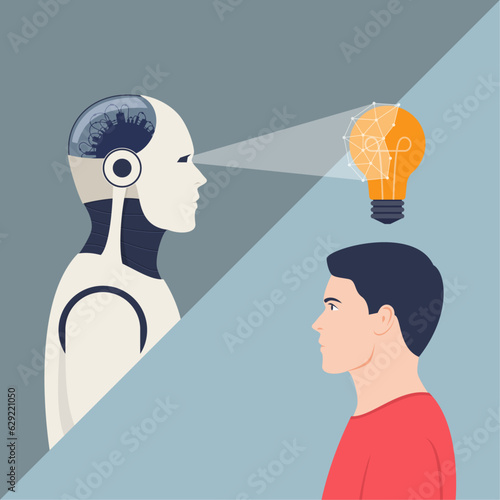 Man and artificial intelligence. The robot scans and copies the human idea.