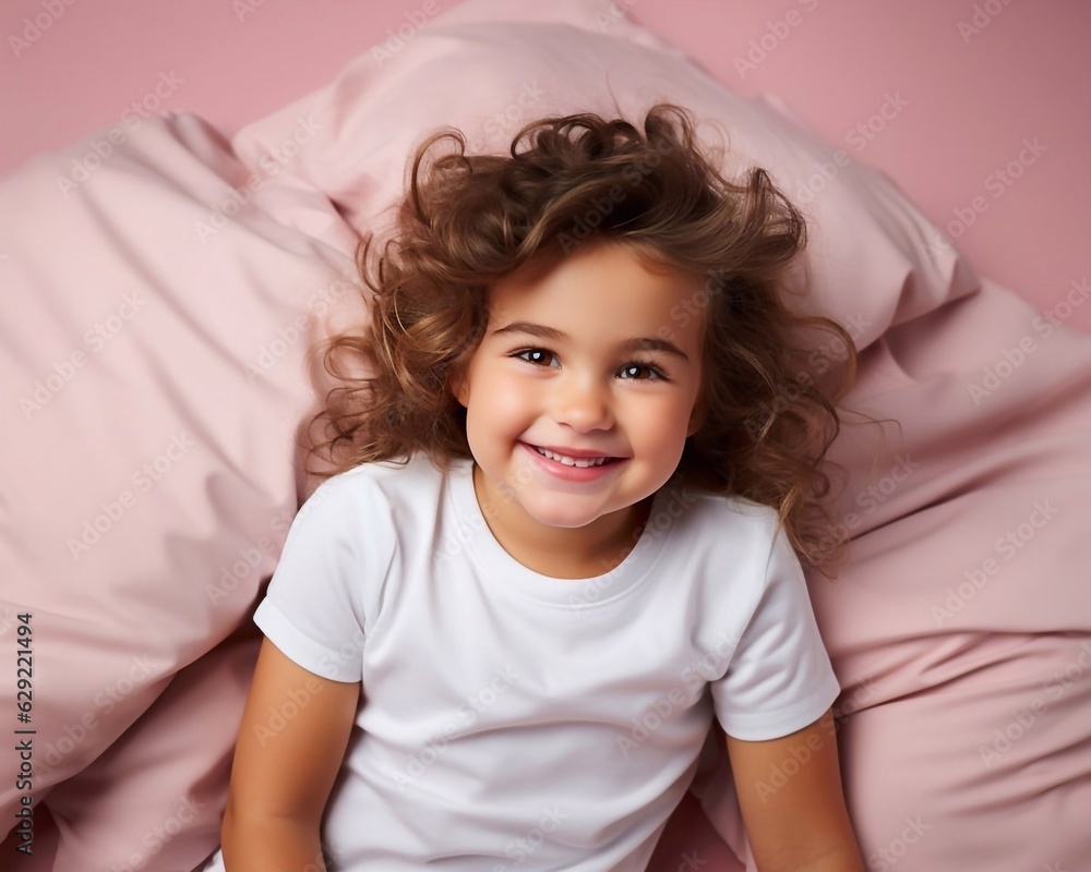 Portrait of smilling girl on pink bedroom background. AI generated Portrait of smilling girl on pink bedroom background. AI generated