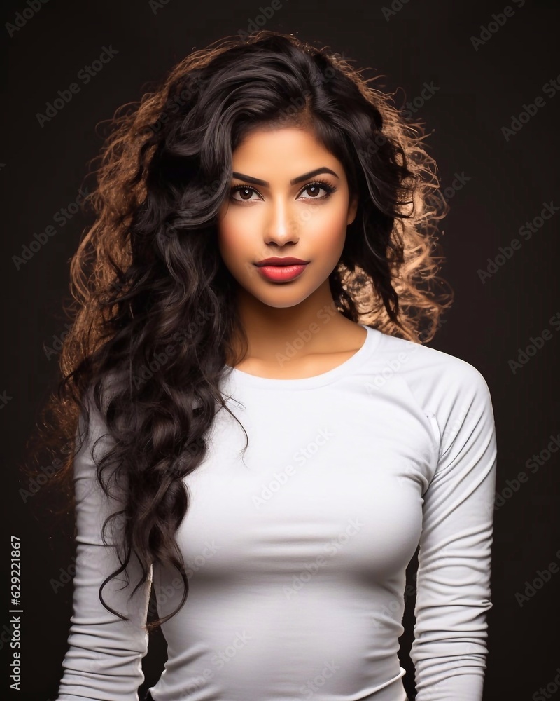 Indian young woman wearing white cotton t-shirt with long sleeves, style mockup. Dark background, ai generated