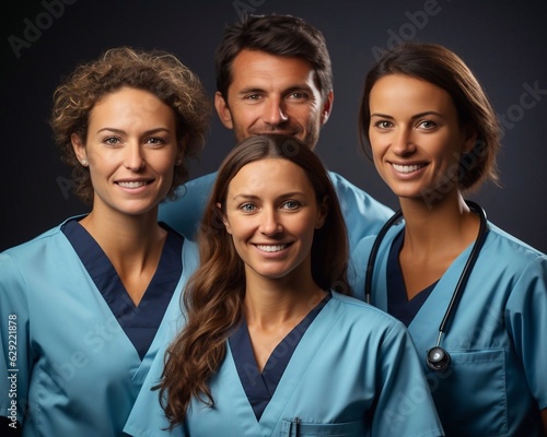 Portrait of Doctors on dark solid background. Multi-Cultural Medical Team. AI generation