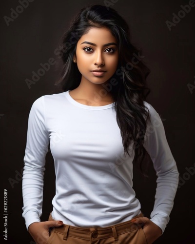 Indian young girl wearing white cotton t-shirt with long sleeves, style mockup. Dark background. AI generated