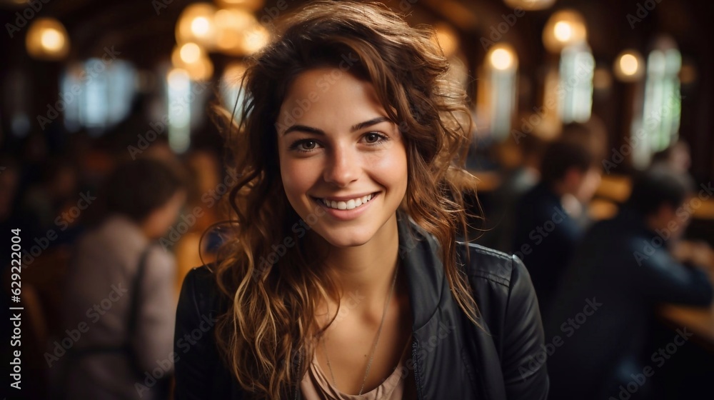 Young smilling woman looking in cam, with students at audience background. AI generative Young smilling woman looking in cam, with students at audience background. AI generative