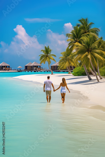 A man and woman couple in love hold hands and walk along the beach shore of an exotic blue water resort. View from back, vertical format. Creative concept of tropical beach vacation for newlyweds.