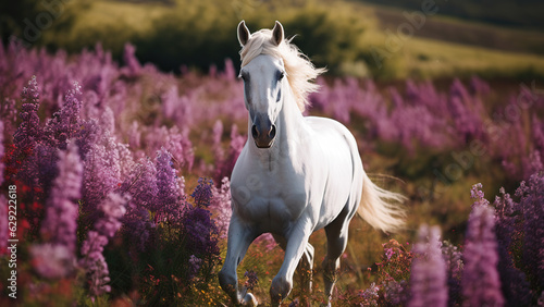 A white horse with a white mane stands in a field of purple flowers.
