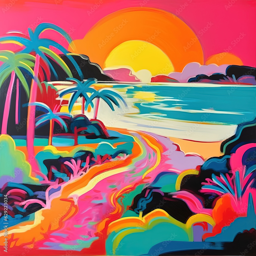 Abstract coast at sunset, bright neon matisse style, ai colorful gouache illustration, cartoon summer landscape, sea ocean palms, vacation. Modern fashion background created by artificial intelligence