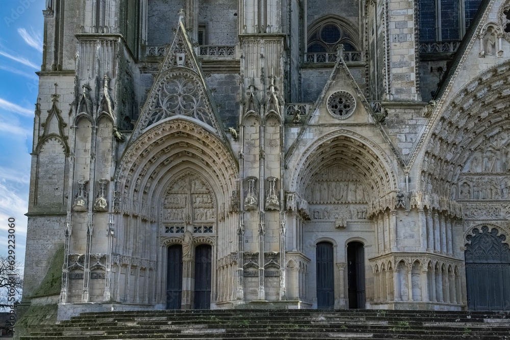 Bourges, medieval city in France, the Saint-Etienne cathedral, main entry with saints statues