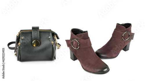 Elegant female ankle boots and a small handbag isolated on a white . Collage. Wide photo.