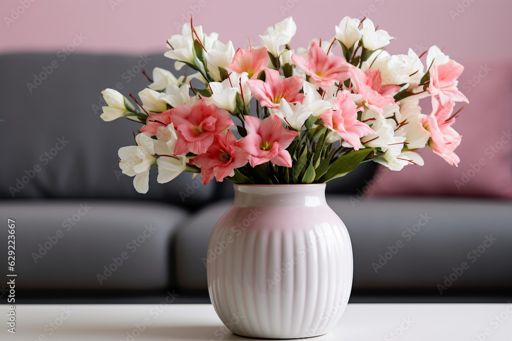 a vase filled with pink and white flowers on the white table