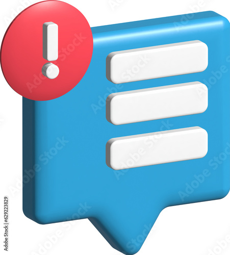 3d rendered popup message icon with red warning sign 
