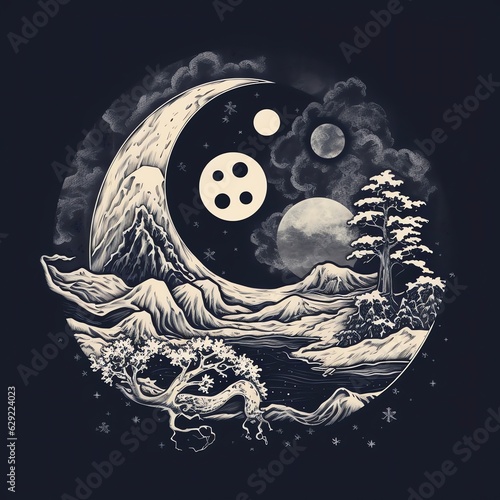 Moon with Mountains and Trees. Yin Yang theme