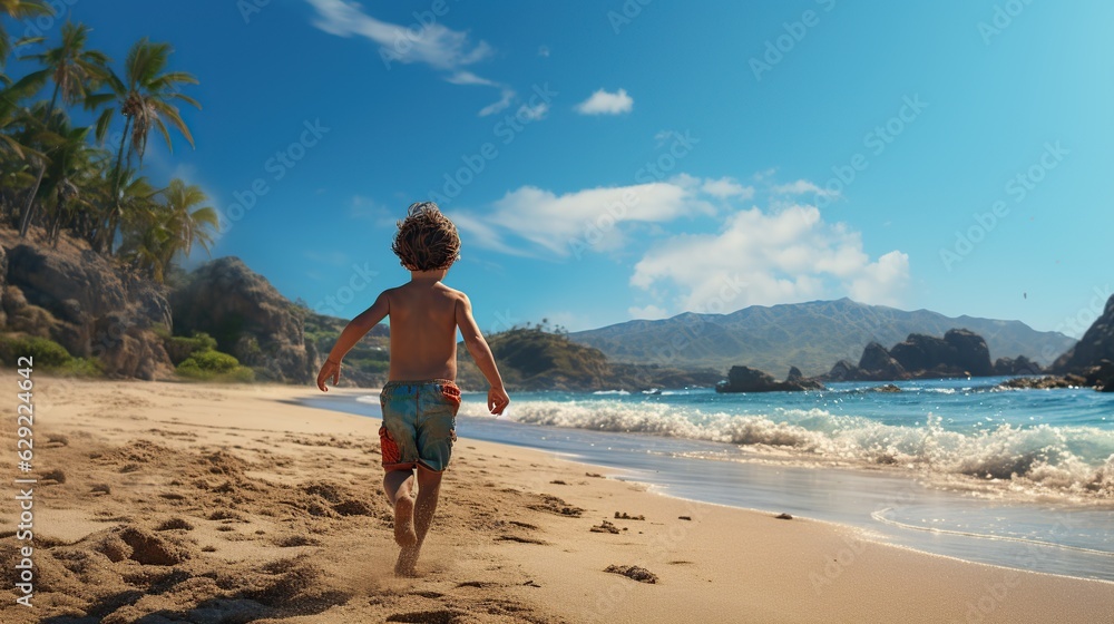 little boy is running on the beach
