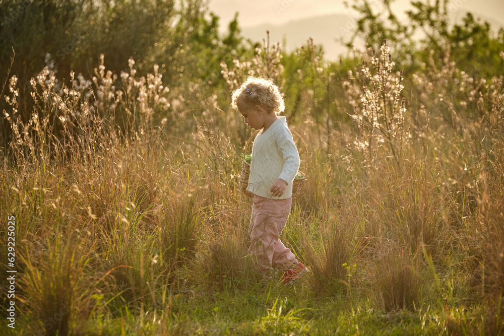 Cute girl with basket walking on grassy lush meadow Cute girl with basket walking on grassy lush meadow