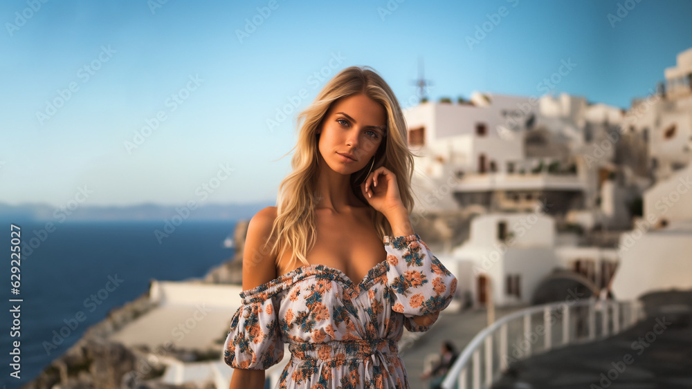Hübsches blondes Model mit Fashion Kleidung am Meer für Mode Aufnahmen, ai generativ