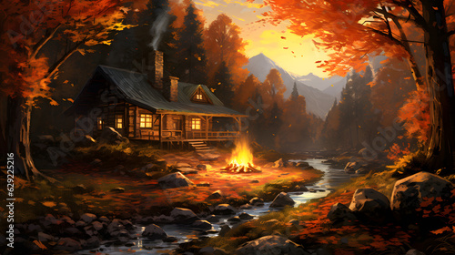 cozy autumn picture scene with a rustic cabin in the forest, bonefire, mountains, river