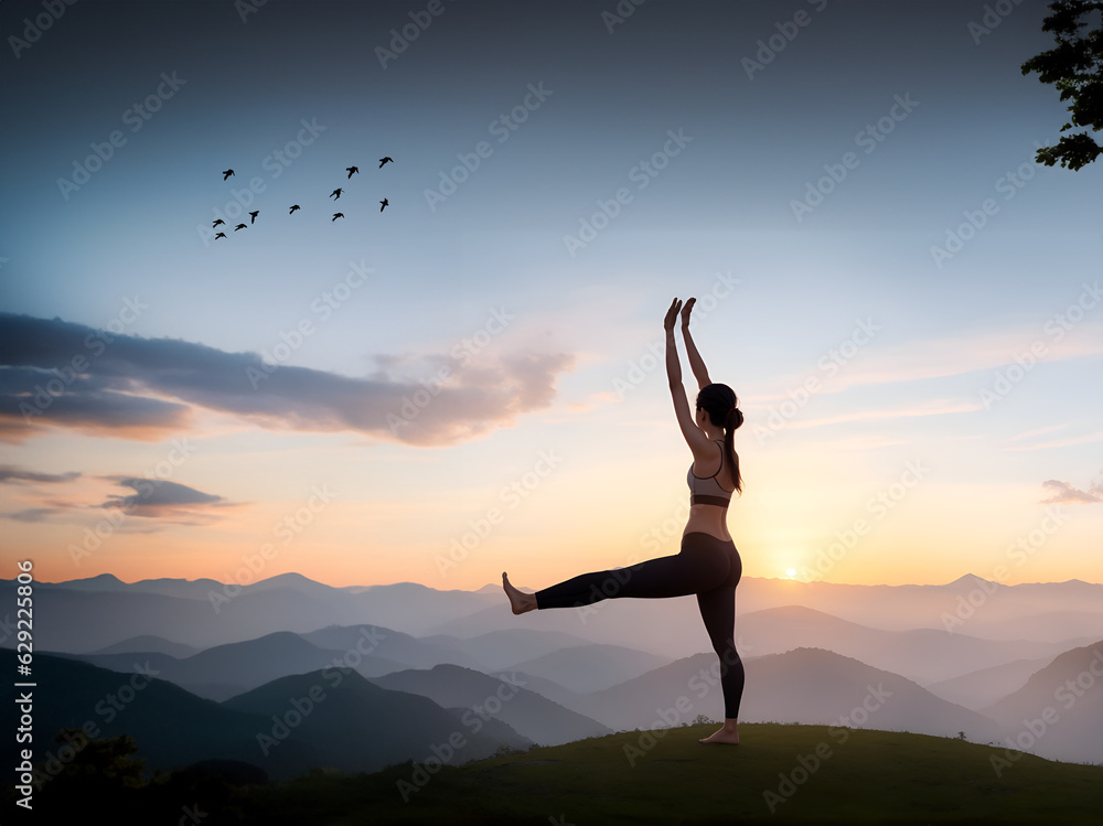 The Yoga Woman Silhouette on the Hill. Generative Ai The Yoga Woman Silhouette on the Hill. Generative Ai