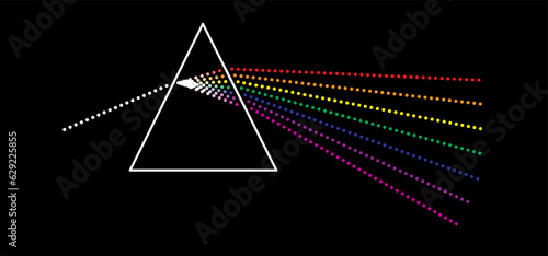 Prism icon. Refraction of light. light passing through a triangle. Cartoon physics symbol. Spectrum refraction. Glass pyramid. Refraction inside transparent geometrical form. Rainbow line, prisms ray