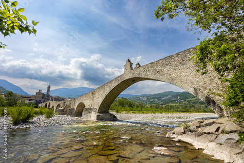 Gobbo Bridge also Devil Bridge or Ponte del Diavolo or Ponte Gobbo in Bobbio, Piacenza province, Trebbia Valley, Emilia Romagna, Italy