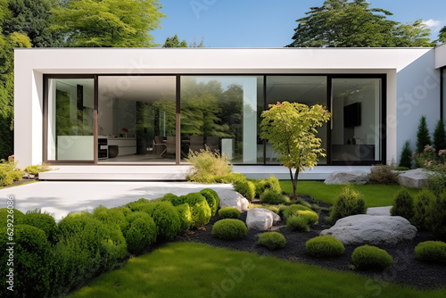 A modern house with garden and lawn, exterior view. Generative ai and digital editing.