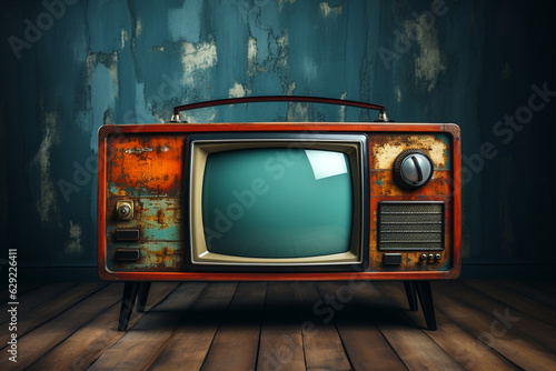 Retro old television on background. 90's concepts. Vintage style filtered photo