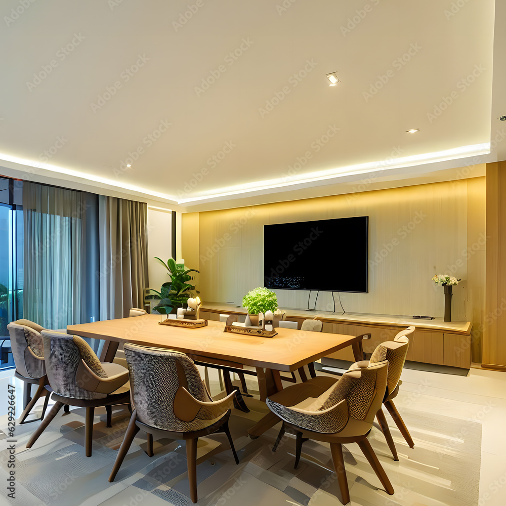 Minimalist Dining Room with Comfortable Chairs, table,Window, and soft carpet